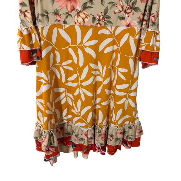 Celeste Mixed Floral Patchwork Ruffle Hem Dress Medium orange tan pink boho - Picture 9 of 12